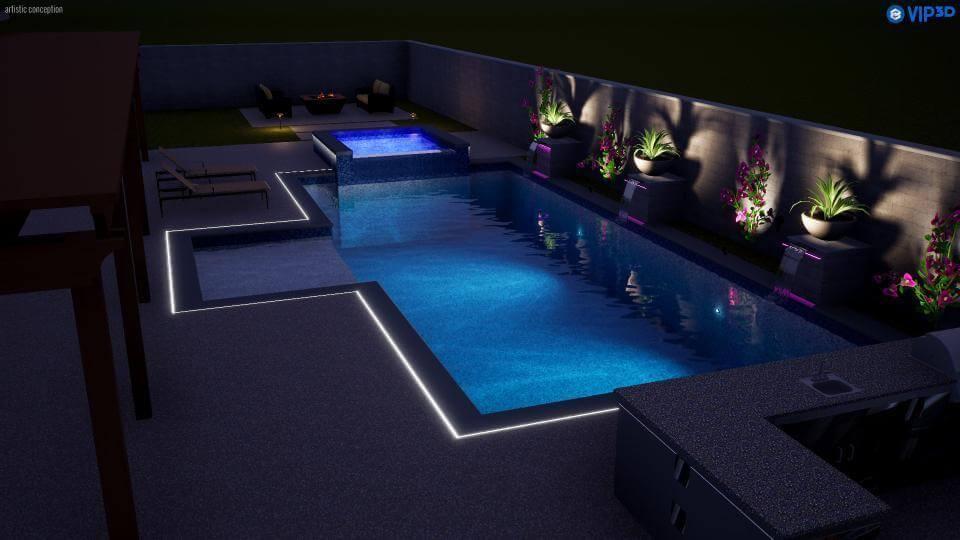 Swimming pool at night with custom lighting